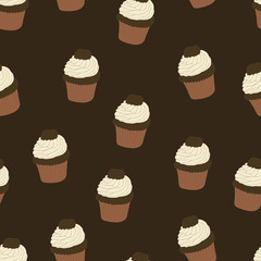 Seamless pattern with hand drawn and painted cupcakes. Vector graphic. Beautiful delicious sweets for girls. Creamy cakes illustration. Dark brown background. 