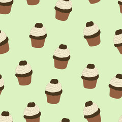Seamless pattern with hand drawn and painted cupcakes. Vector graphic. Beautiful delicious sweets for girls. Creamy cakes illustration. Mint green background. 