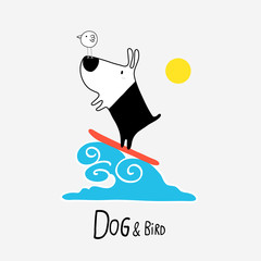 Dog & Bird surfing, vector illustration