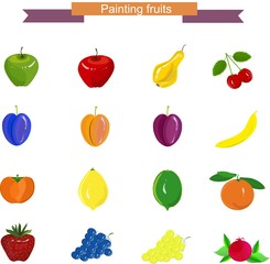 Fototapeta premium Hand drawn painting fruits: apples, pear, grapes, cherry, banana, pomegranate, strawberry, persimmon, lime, lemon, apricot, orange on white, stock vector illustration