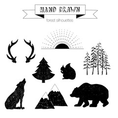 Hand drawn vector wild forest silhouettes.
