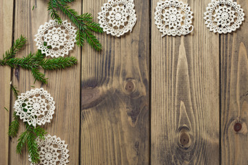 Background with Christmas decorations and  old wooden table. Spa