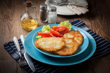 Crispy fried homemade potato pancakes.