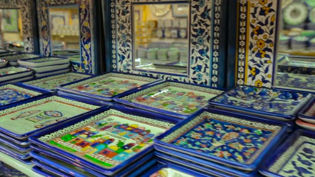Colorful souvenir plates in blue