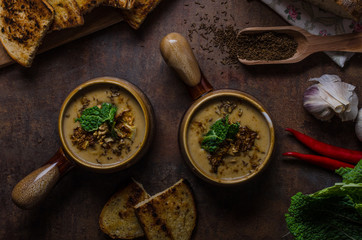 Creamy soup with roasted cauliflower and cabbage