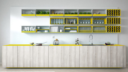 Scandinavian white kitchen with wooden and yellow details, minim