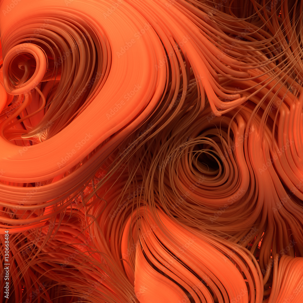 Poster Curl noise flow abstract orange lines. Very shallow depth of field. 3D rendering