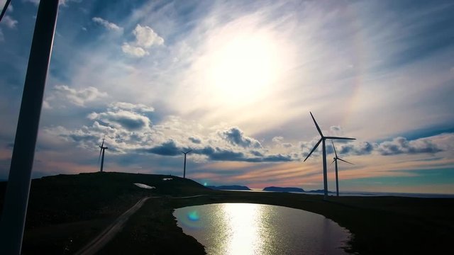 Windmills for electric power production. Arctic View Havoygavelen windmill park, Havoysund, Northern Norway Aerial footage.