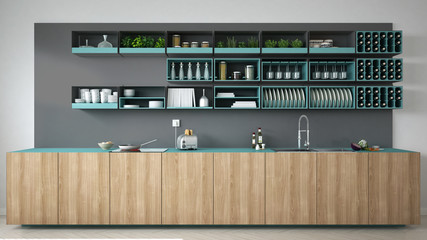 Scandinavian gray kitchen with wooden and turquoise details, min