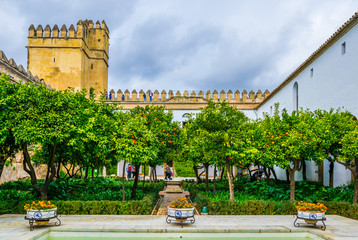 people are strolling through an inner courtayrd of the alcazar de los reyes cristianos - royal...