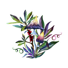 Watercolor composition with hand painted pagan forest plants
