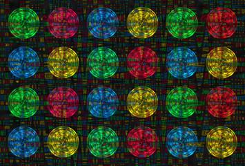 Obraz na płótnie Canvas Multicolor fractal background with crossing circles and ovals. disco lights on black background