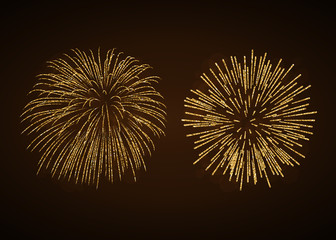 Obraz premium Fireworks set gold isolated. Beautiful golden fireworks on black background. Bright decoration Christmas card, Happy New Year celebration, anniversary, festival. Flat design Vector illustration