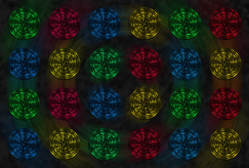 Multicolor fractal background with crossing circles and ovals. disco lights on black background