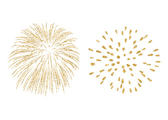 Fireworks set gold isolated. Beautiful golden fireworks on white background. Bright decoration Christmas card, Happy New Year celebration, anniversary, festival. Flat design Vector illustration