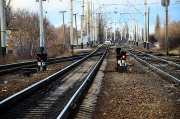 Fototapeta na wymiar Red signal on semaphore on railroad track