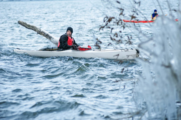 winter kayaking on the river in Ukraine 26