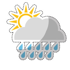 sticker of sun and cloud with rainydrops weather icon over white background. colorful design. vector illustration