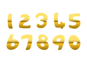 Gold numbers set. Golden metallic font, isolated on white background. Beautiful typography metal design for decoration. Symbol elegance royal graphic. Modern fashion signs. Vector illustration