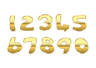 Gold numbers set. Golden metallic font, isolated on white background. Beautiful typography metal design for decoration. Symbol elegance royal graphic. Modern fashion signs. Vector illustration