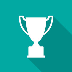 Champion cup icon with long shadow. Flat design style. Trophy silhouette. Simple green icon. Modern flat icon. Web site page and mobile app design element.
