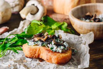 Bruschetta with Fried Agaricus and Sour Cream