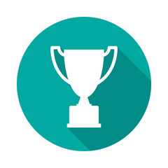 Champion cup icon with long shadow. Flat design style. Round icon. Trophy silhouette. Simple circle green icon. Modern flat icon. Web site page and mobile app design element.