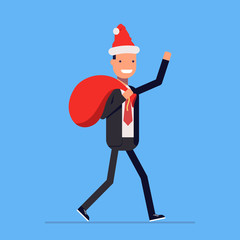 Businessman or manager dressed in a Santa Claus suit. Christmas hat and red sack with gifts. Vector, illustration EPS10.