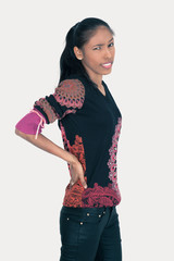 Beautiful woman doing different expressions in different sets of clothes: backache
