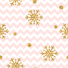 Christmas gold snowflake seamless pattern. Golden glitter snowflakes on pink and white zig zag background. Winter snow design wallpaper. Symbol holiday, New Year celebration Vector illustration