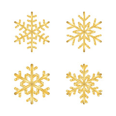 Gold Christmas snowflakes icons set. Golden silhouette snow flake signs isolated on white background. Design for card, decoration. Symbol winter, New Year holiday celebration Vector illustration