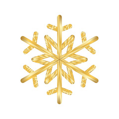 Gold Christmas snowflake icon. Golden silhouette snow flake sign isolated on white background. Elegant design for card, greeting, decoration. Shine texture. Symbol of winter Vector illustration