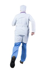 Back view of running doctor in a robe hurrying to help the patie