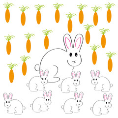 Rabbits with carrots on white background