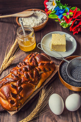 Poppy seed Roll on a wooden background. Top view. Close-up
