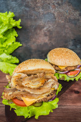 Great Hamburger and french fries on a wooden table in rustic style