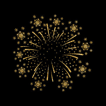 Firework gold isolated. Beautiful golden firework on black background. Bright decoration for Christmas card, Happy New Year celebration, anniversary, festival. Flat design Vector illustration