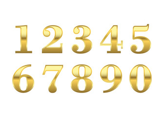 Gold 3d metallic numbers set. Golden metal texture font, isolated on white background. Luxury type symbols. Elegant typography graphic. Bright royal style typeset decoration. Vector illustration