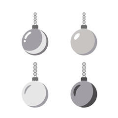 Christmas tree ball with chain icons set. Gray baubles decoration, isolated on white background. Symbol of Happy New Year, Xmas holiday celebration, winter. Flat design for card. Vector illustration