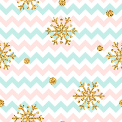 Christmas gold snowflake seamless pattern. Golden glitter snowflakes on pink, blue, white zig zag background. Winter snow design wallpaper. Symbol holiday, New Year celebration Vector illustration
