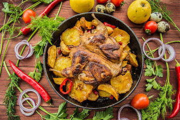 Quail baked in a pan with potatoes and apples. On  brown wooden background. Top view. Close-up