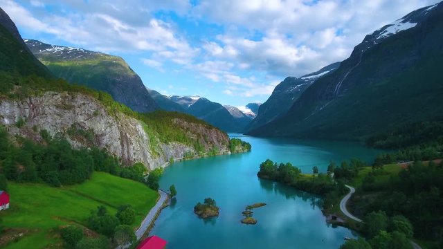 Beautiful Nature Norway natural landscape. Aerial footage lovatnet lake.