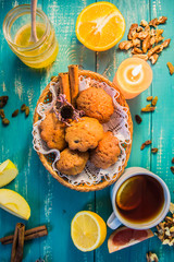 fabulous and very sweet breakfast consisting of muffins, fresh fruit  the remaining spices. Top view. Close-up