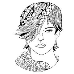 Girl face Hand drawn sketched vector illustration. Doodle woman face graphic with ornate pattern. Design Isolated on white.