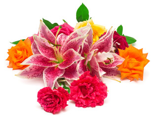 Beautiful bouquet of roses and lilies isolated on white backgrou