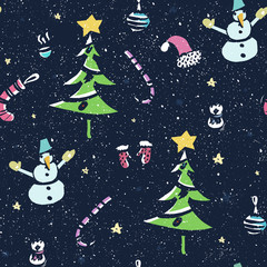 Fototapeta premium Christmas seamless pattern with big collection of bright New Year elements made in vector.