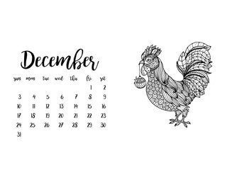 Desk calendar template for month December with doodle stylized rooster animal. Week starts Sunday
