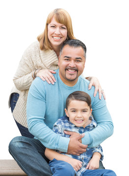 Happy Mixed Race Hispanic and Caucasian Family Isolated on a White Background.