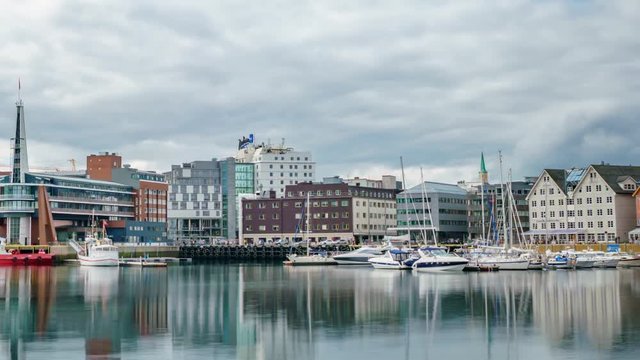 View of a marina in Tromso, North Norway timelapse. Tromso is considered the northernmost city in the world with a population above 50,000.