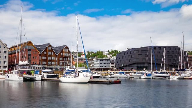 View of a marina in Tromso, North Norway timelapse. Tromso is considered the northernmost city in the world with a population above 50,000.